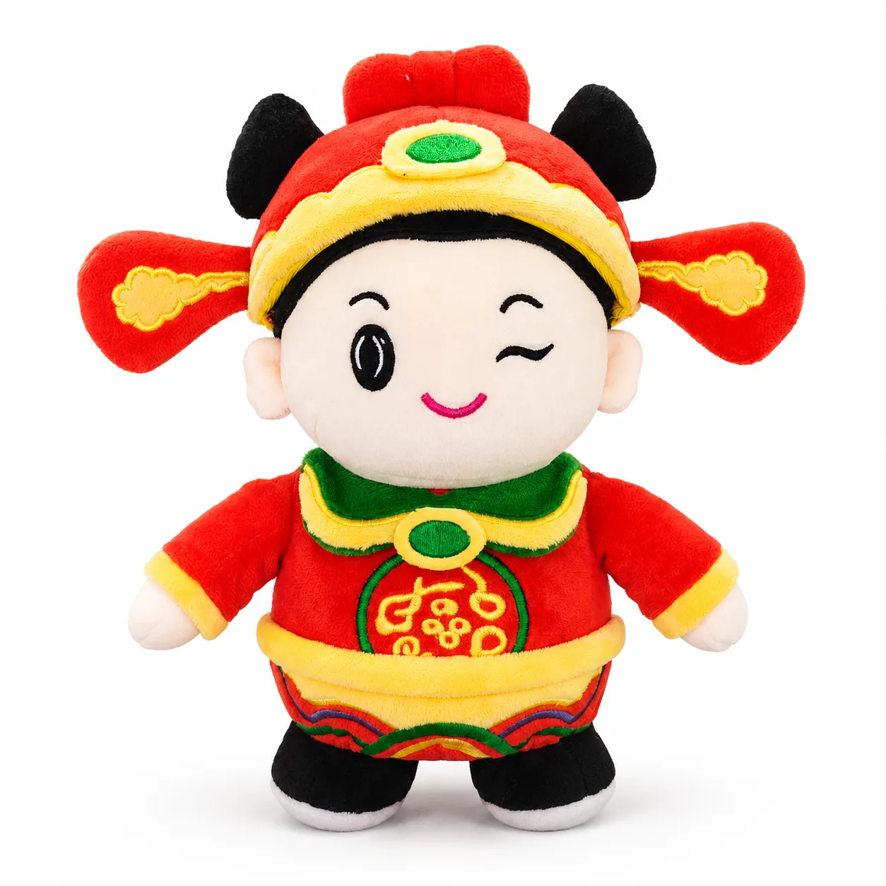 Real character plush with layered clothing and embroidered decoration