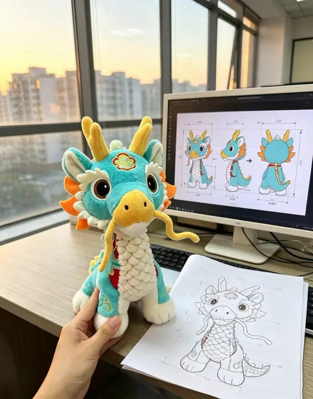 Un dragon en peluche turquoise à côté de dessins numériques et sur papier montrant différentes vues.